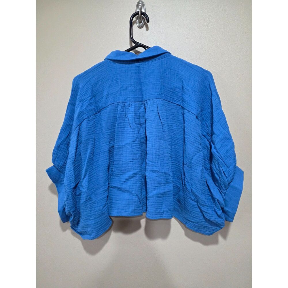 Talulah Blue 100% Cotton Gauze Cropped Button Up Top Flowy Boxy Shirt Size L - Picture 3 of 8